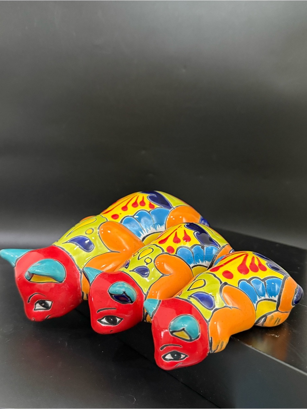 3-pc Hand-painted Mexican Talavera Ceramic Nesting Cat Shelf Sitters